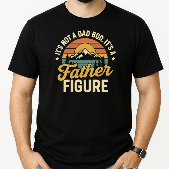 Lifestyle flat lay of men's black graphic tee with dad bod humor slogan print