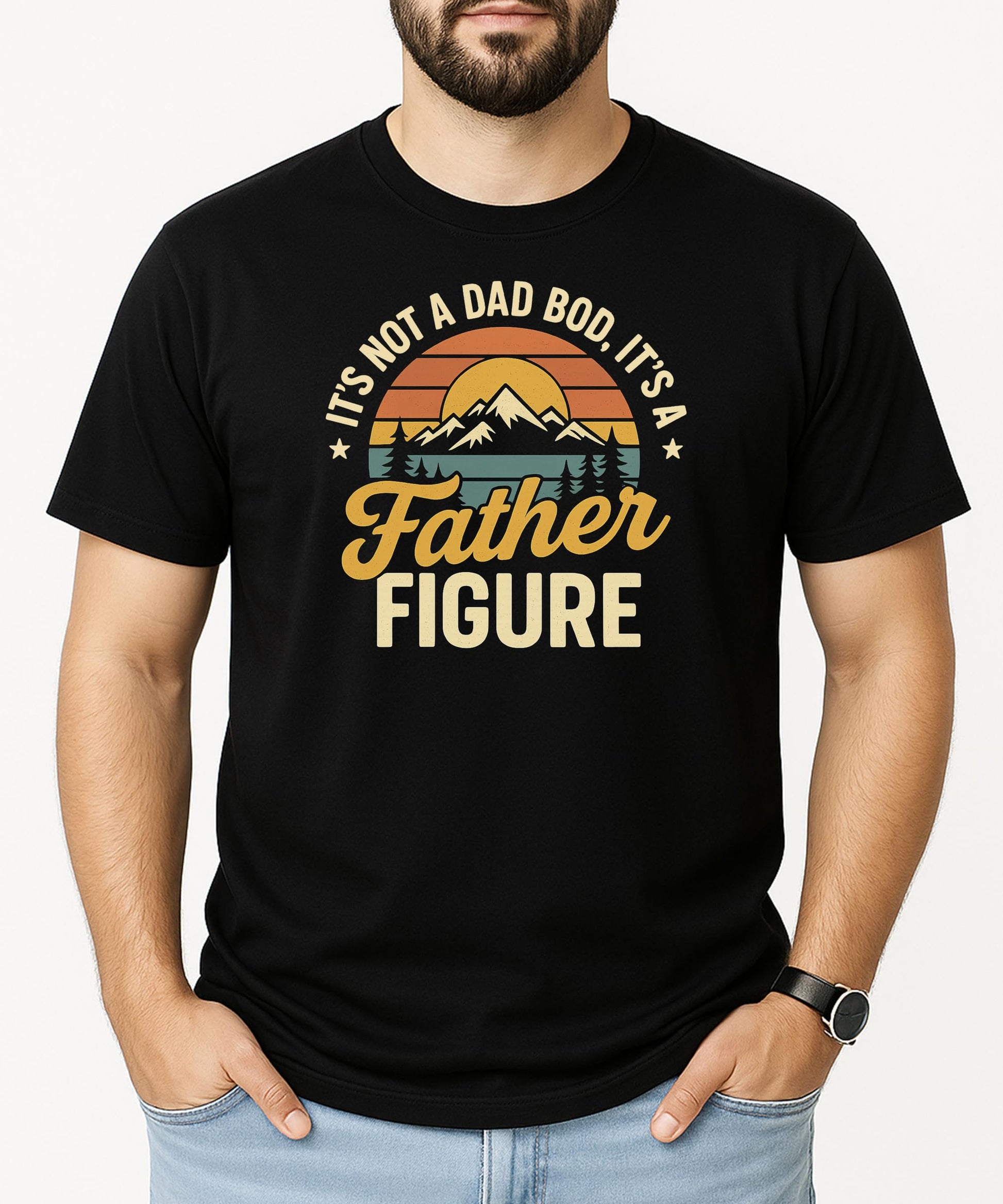 Lifestyle flat lay of men's black graphic tee with dad bod humor slogan print