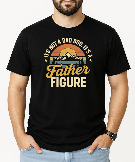 Lifestyle flat lay of men's black graphic tee with dad bod humor slogan print