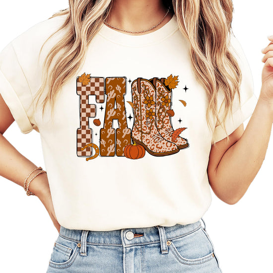 Back or side view of women's fall pumpkin and cowboy boots graphic tee in seafoam green