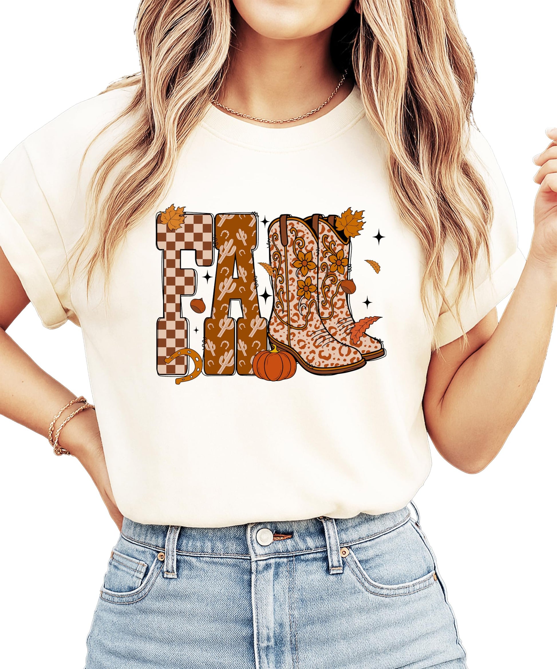 Back or side view of women's fall pumpkin and cowboy boots graphic tee in seafoam green