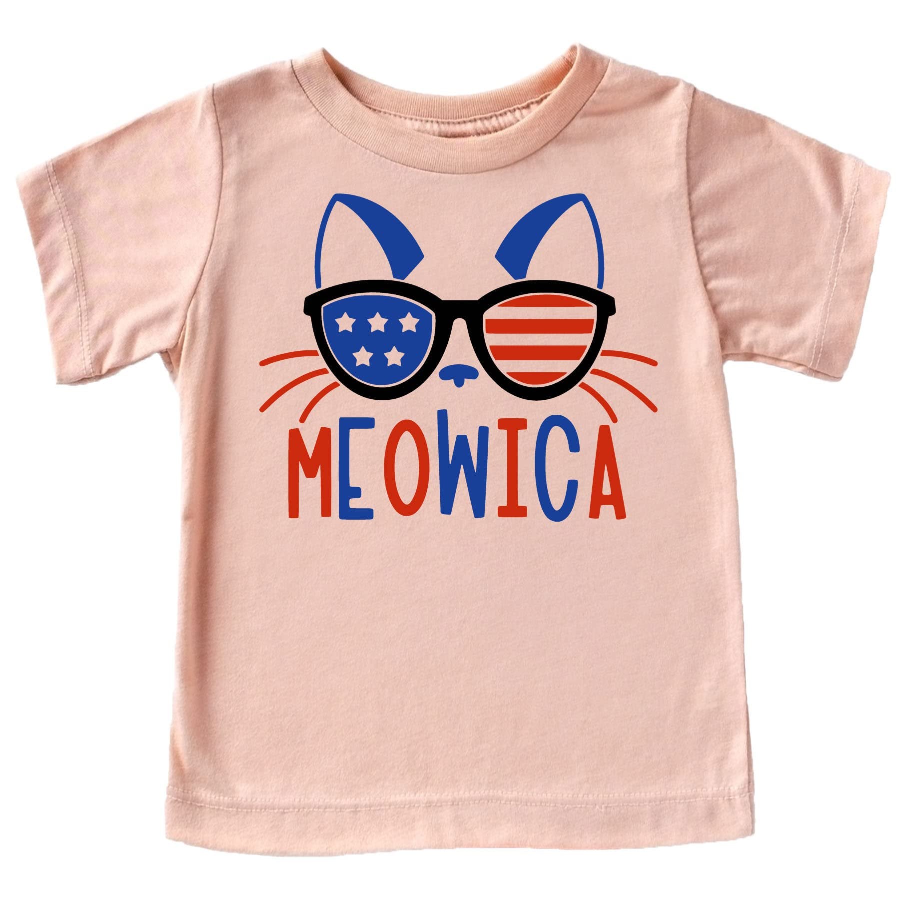 Toddler wearing pink Meowica patriotic cat graphic tee for Fourth of July