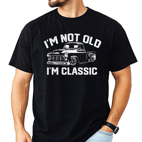 Back or side view of men's black 'I'm Not Old I'm Classic' funny graphic shirt