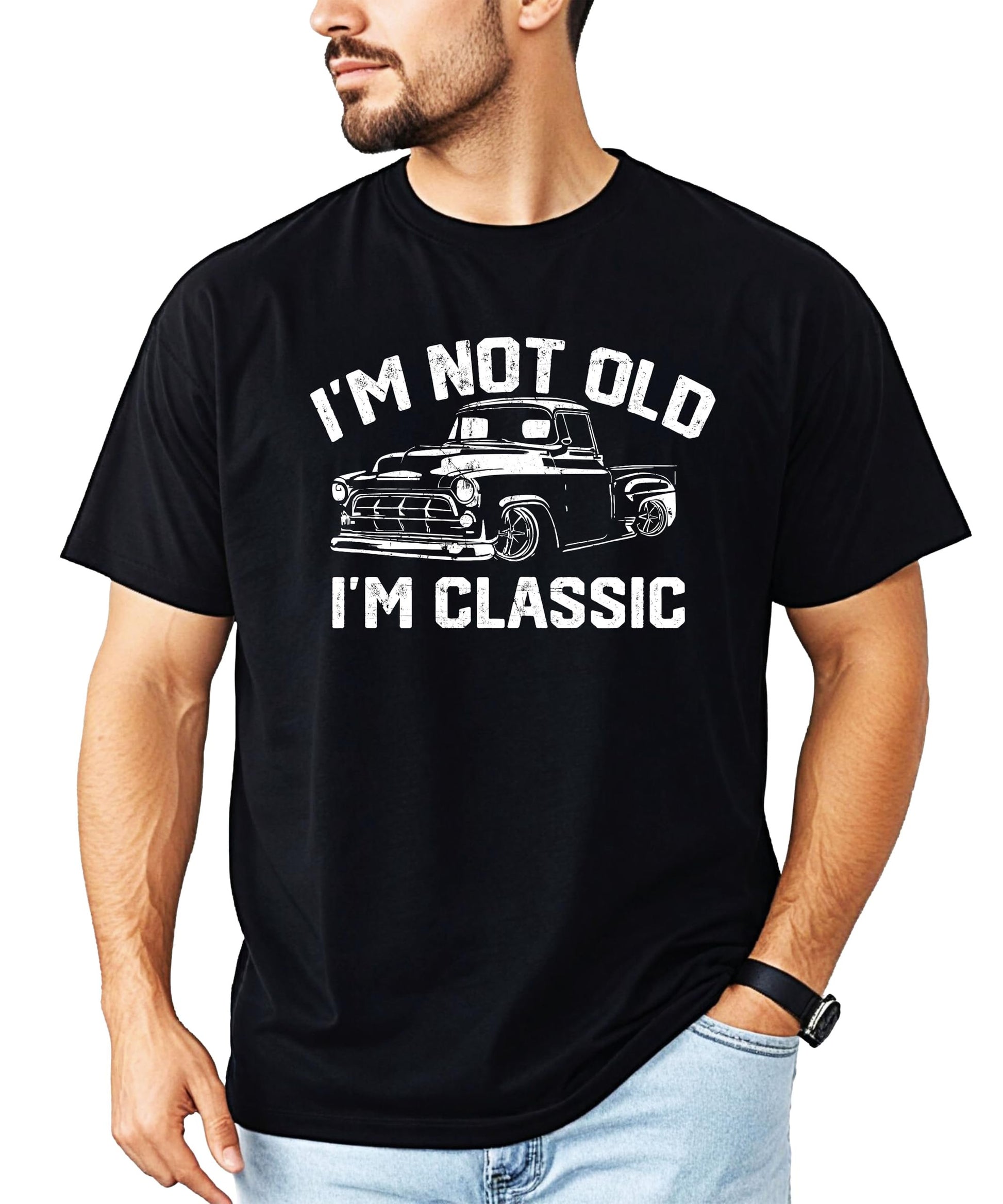 Back or side view of men's black 'I'm Not Old I'm Classic' funny graphic shirt