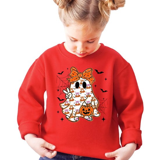 Close-up of girly ghost with orange bow graphic on gray kids Halloween sweatshirt