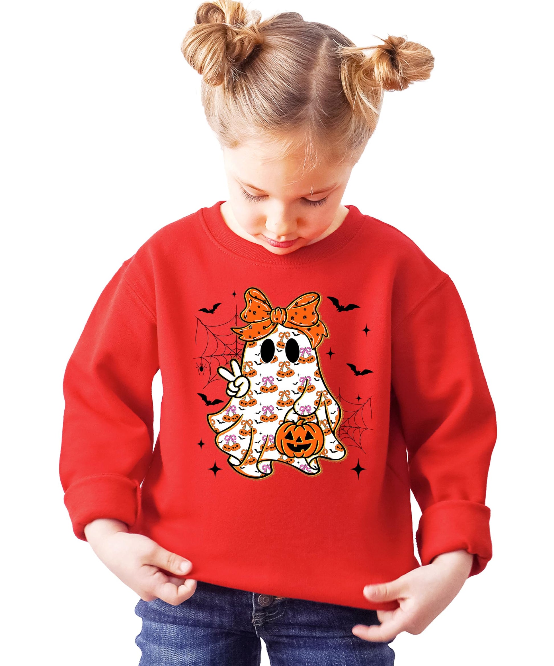 Close-up of girly ghost with orange bow graphic on gray kids Halloween sweatshirt