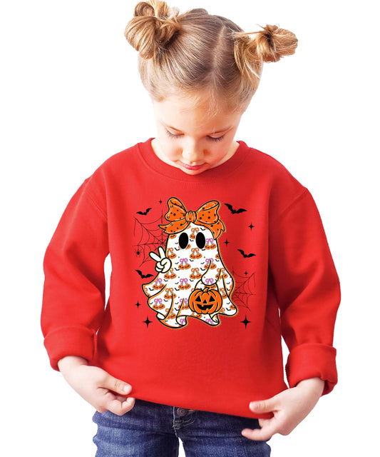 Close-up of girly ghost with orange bow graphic on gray kids Halloween sweatshirt