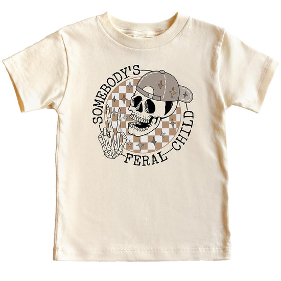 Flat lay of Somebody's Feral Child funny graphic tee for boys in natural color showing full design