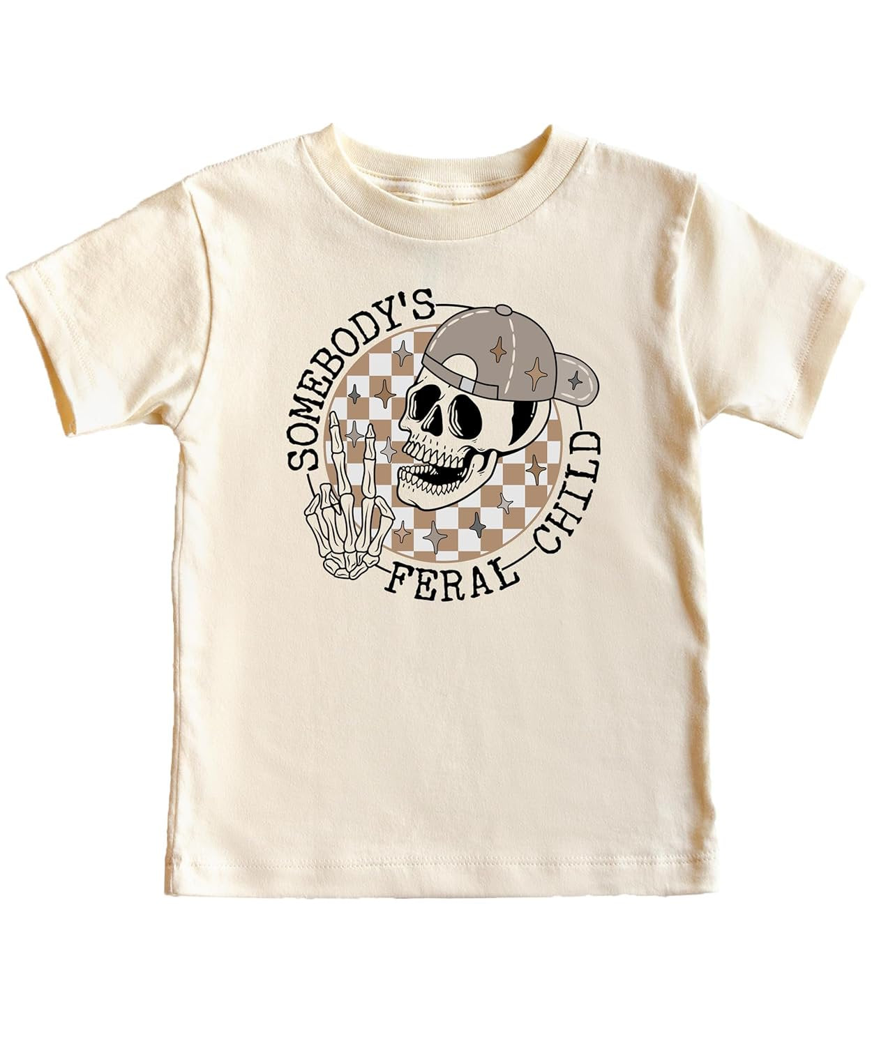 Flat lay of Somebody's Feral Child funny graphic tee for boys in natural color showing full design