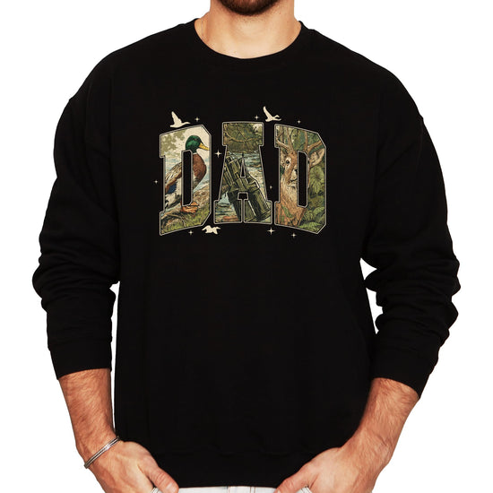 Front view of gray dad hunting sweatshirt with vintage camo graphic print