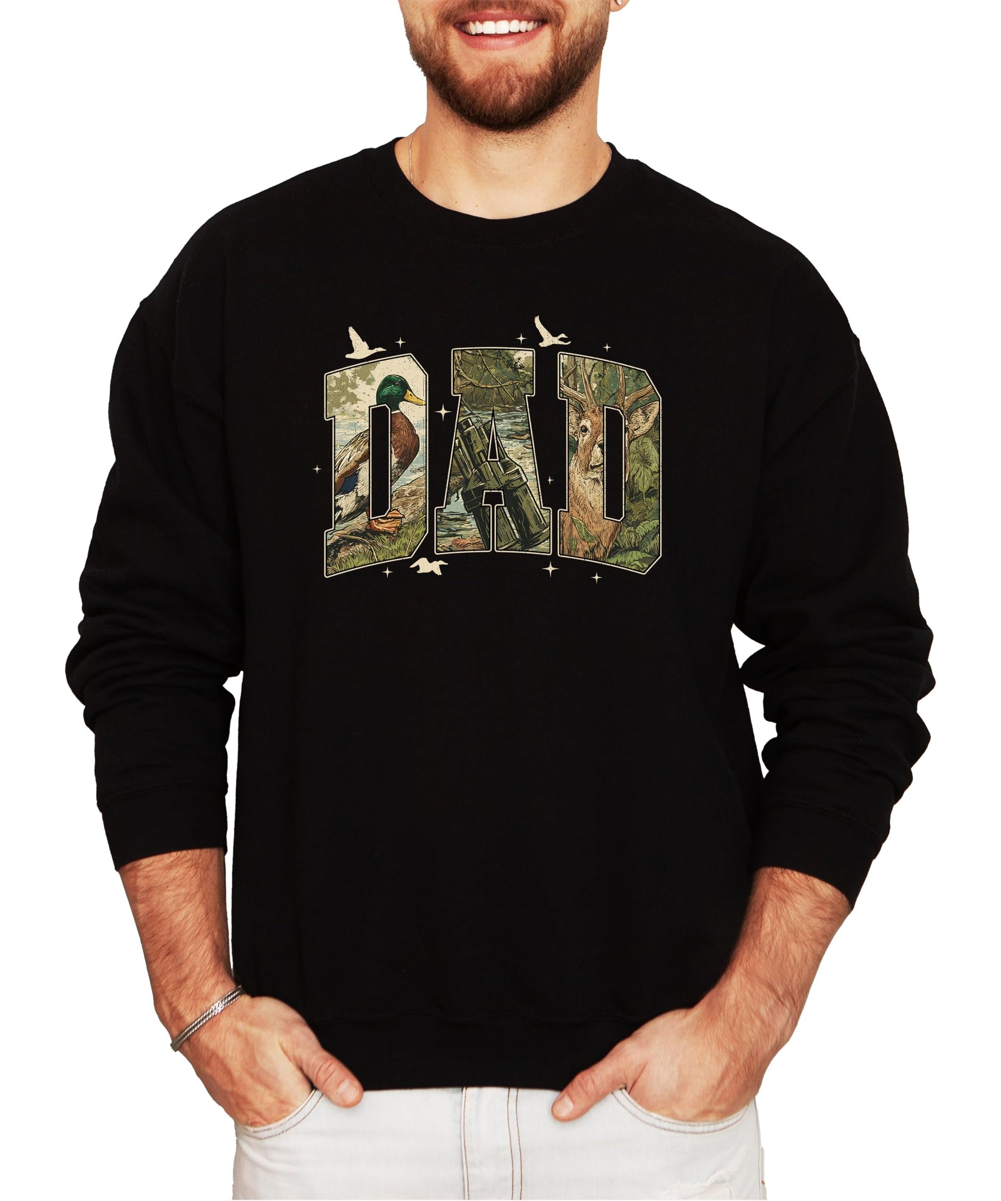Front view of gray dad hunting sweatshirt with vintage camo graphic print