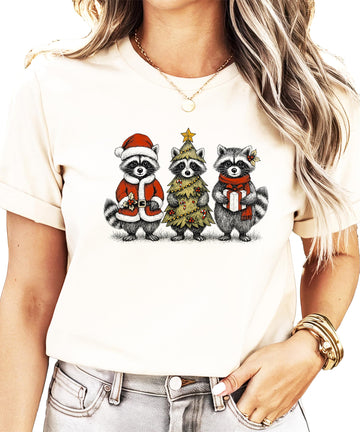 Trendy Raccoon Christmas Shirt for Women, Men and Kids Festive Graphic Tee Natural Shirt Adult Medium
