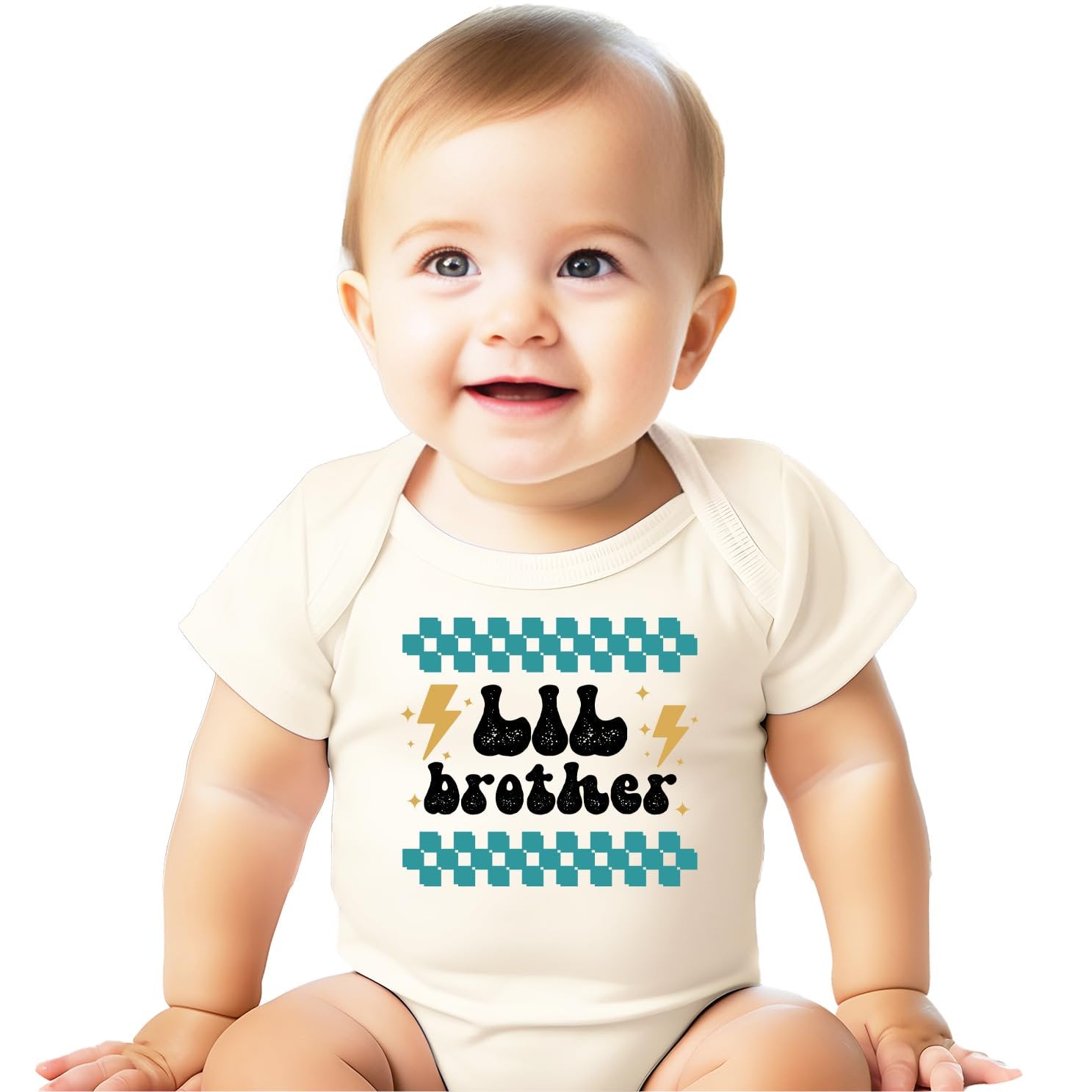Baby bodysuit with retro lightning little brother design for sibling reveal announcement