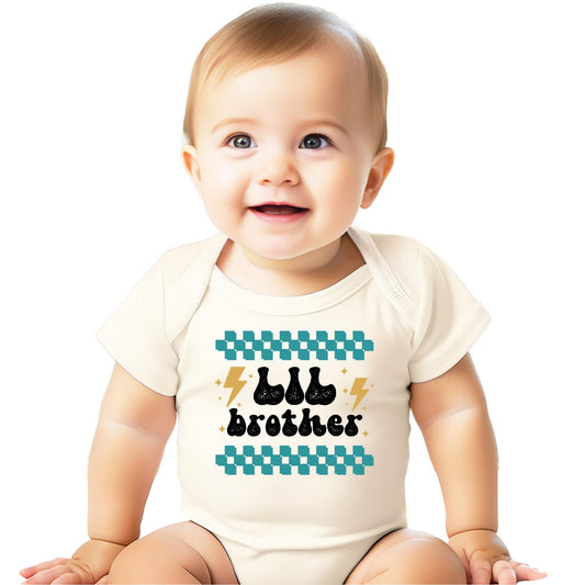 Baby bodysuit with retro lightning little brother design for sibling reveal announcement