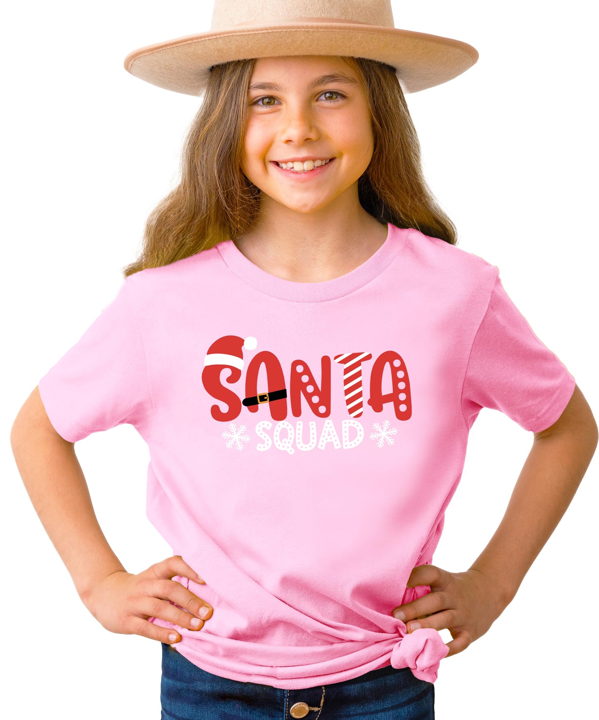 Toddler wearing Santa Squad mauve Christmas tee as part of matching family holiday outfit