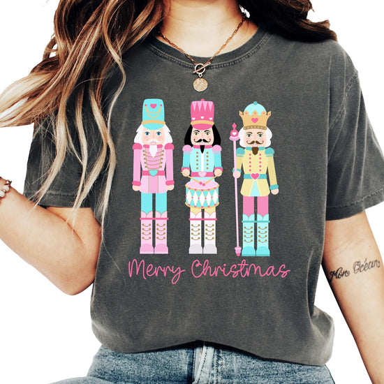Front view of cute girly pastel nutcracker Christmas shirt for women