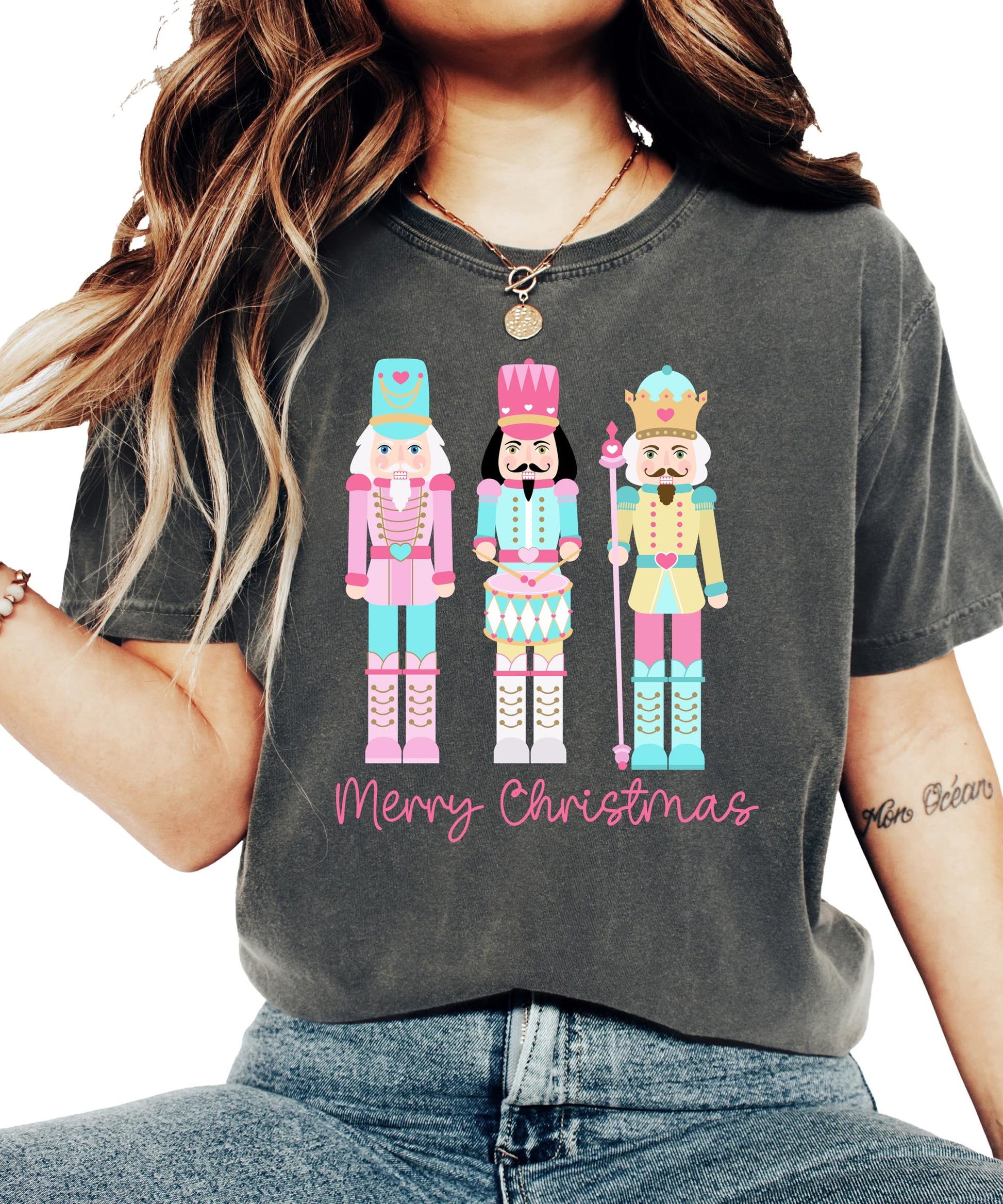 Front view of cute girly pastel nutcracker Christmas shirt for women