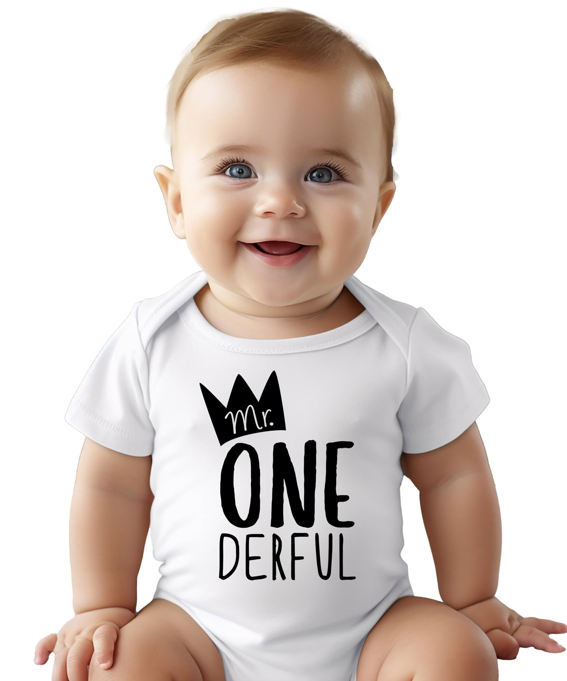 Flat lay of baby boy first birthday bodysuit with One-Derful graphic