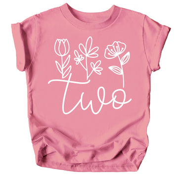 Toddler girl wearing mauve 2nd birthday shirt with white floral cursive Two design