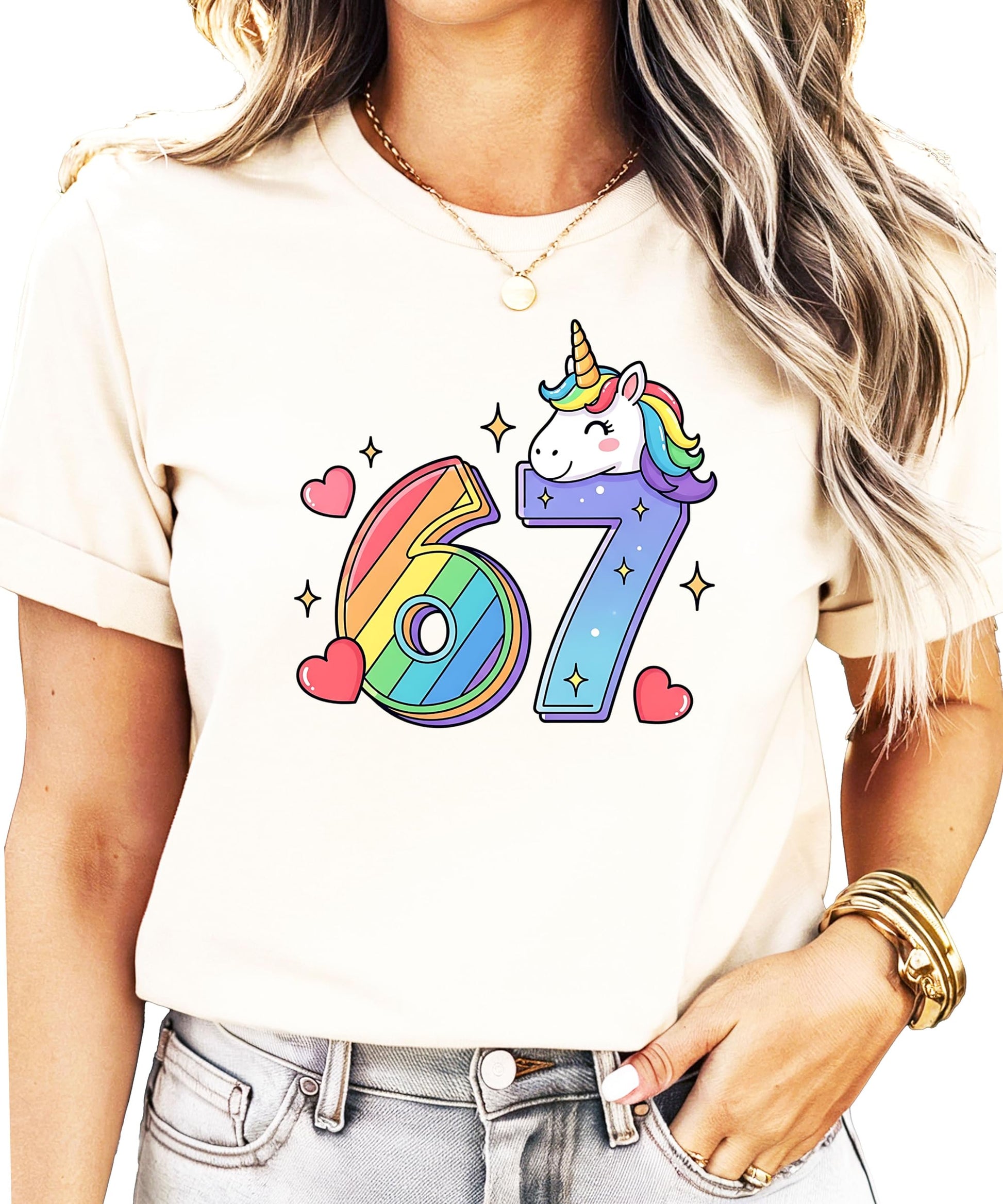 Model wearing pink unicorn 7th birthday shirt with rainbow numbers and magical unicorn graphic