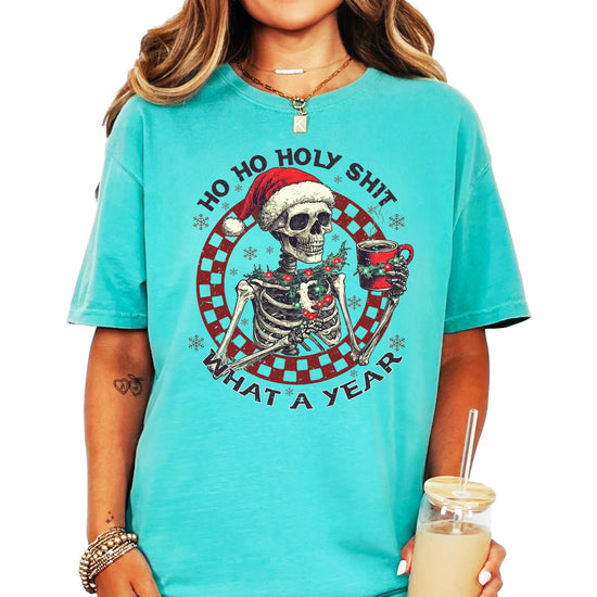 Side or back view of unisex seafoam holiday skeleton tee for Christmas parties