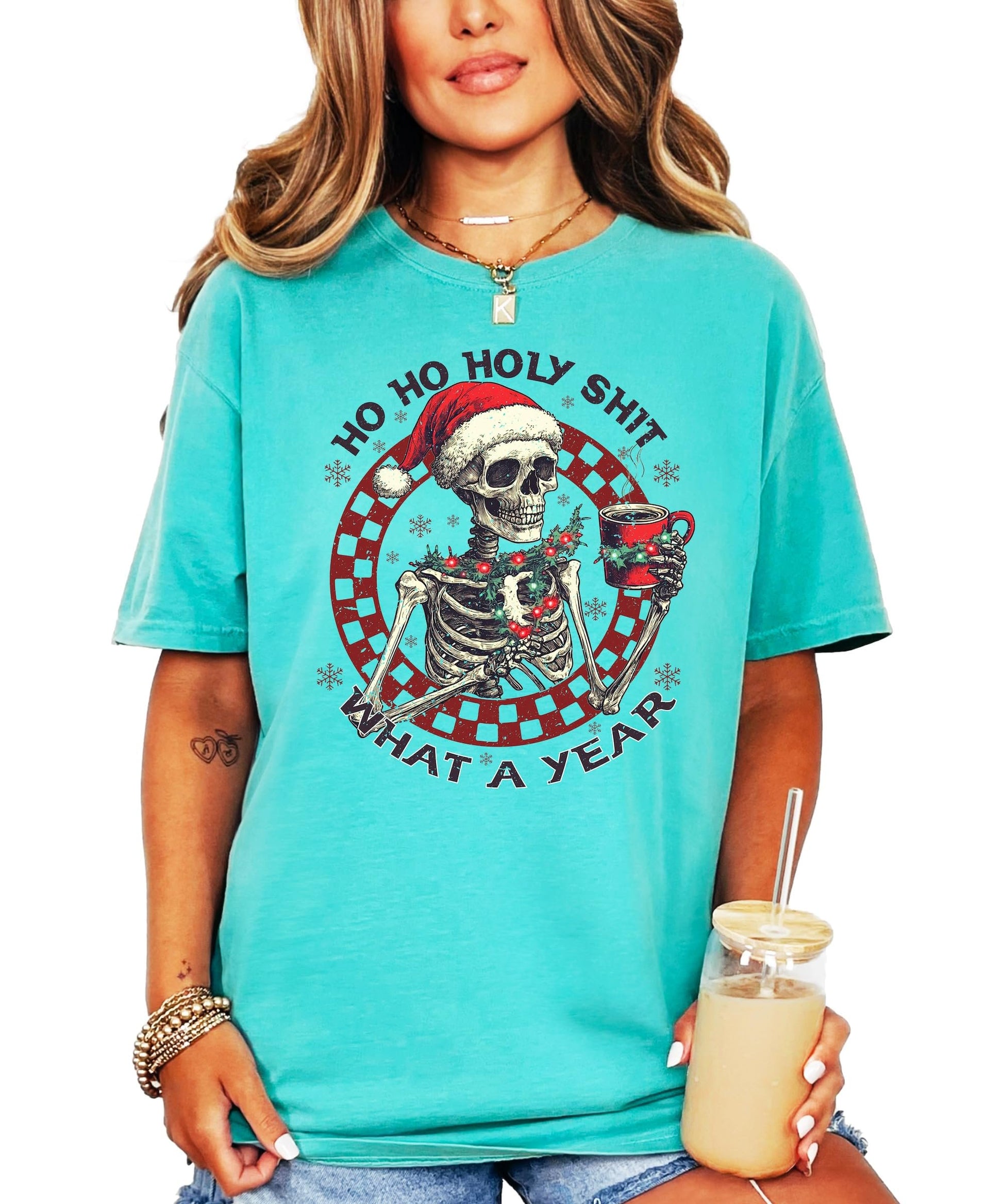 Side or back view of unisex seafoam holiday skeleton tee for Christmas parties