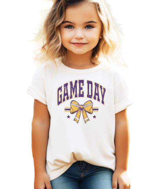 Purple and Gold Game Day Shirt for Women, Teens & Kids Team Colors Football Bow Graphic Tee