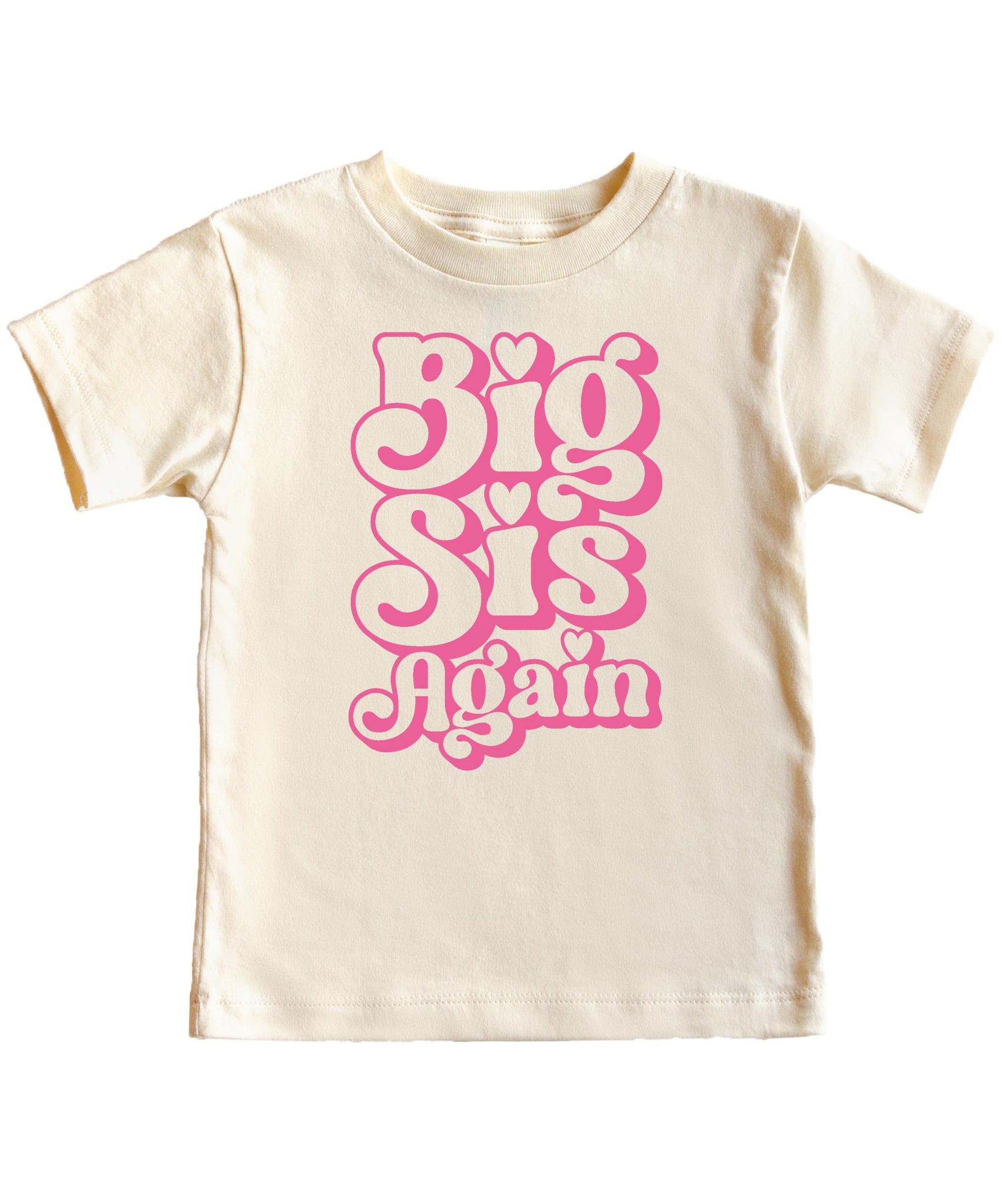 Big Sister Again youth tee laid flat showing full retro pink graphic design