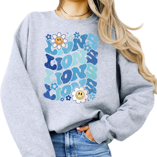 Women's gray pullover sweatshirt with blue retro wavy Detroit Lions graphic on the chest