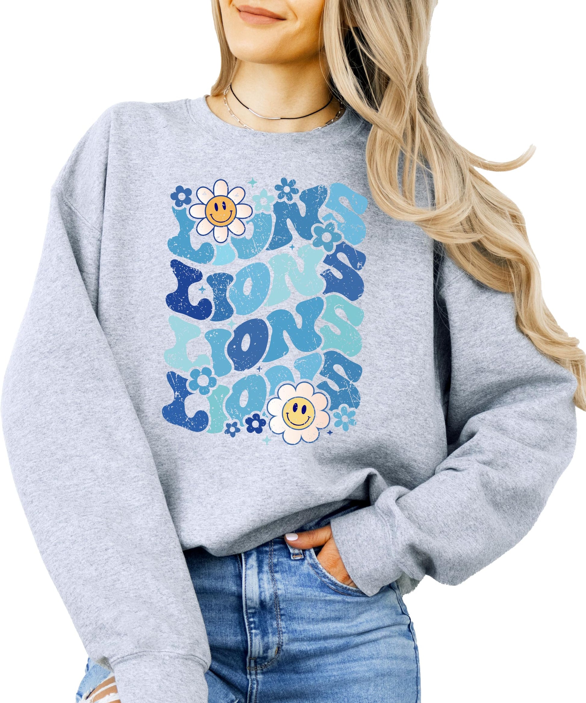 Women's gray pullover sweatshirt with blue retro wavy Detroit Lions graphic on the chest