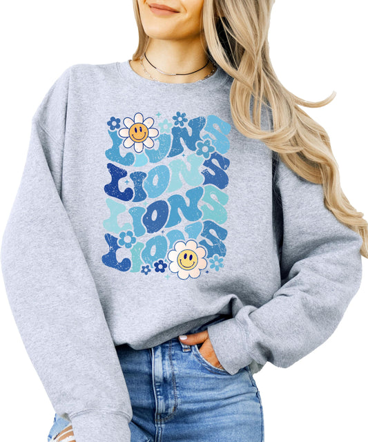 Women's gray pullover sweatshirt with blue retro wavy Detroit Lions graphic on the chest