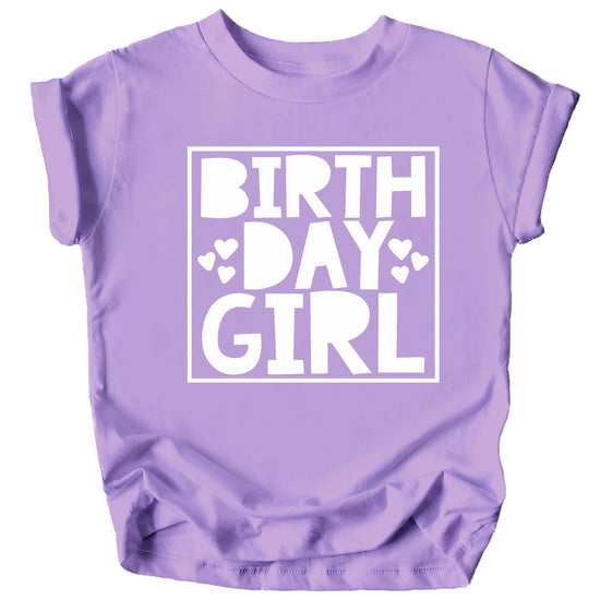 Birthday girl hearts graphic tee in mauve, front view on youth shirt