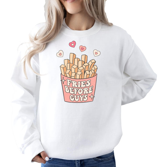 Gray crewneck sweatshirt with 'Fries Before Guys' funny Valentine's Day graphic print