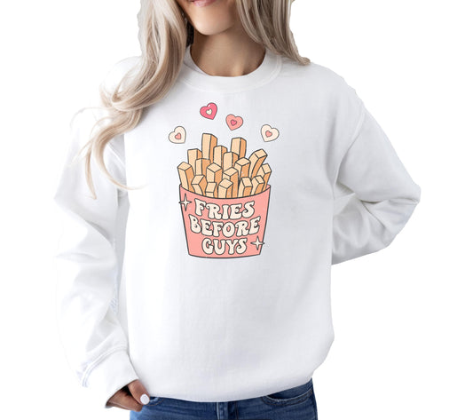 Gray crewneck sweatshirt with 'Fries Before Guys' funny Valentine's Day graphic print