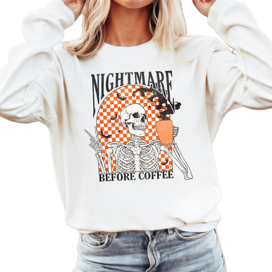 Women's gray Halloween sweatshirt with funny retro skeleton Nightmare Before Coffee design