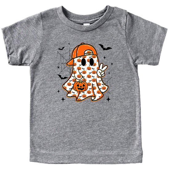 Ghost peace sign Halloween shirt for youth boys showing full design with pumpkins and spooky details