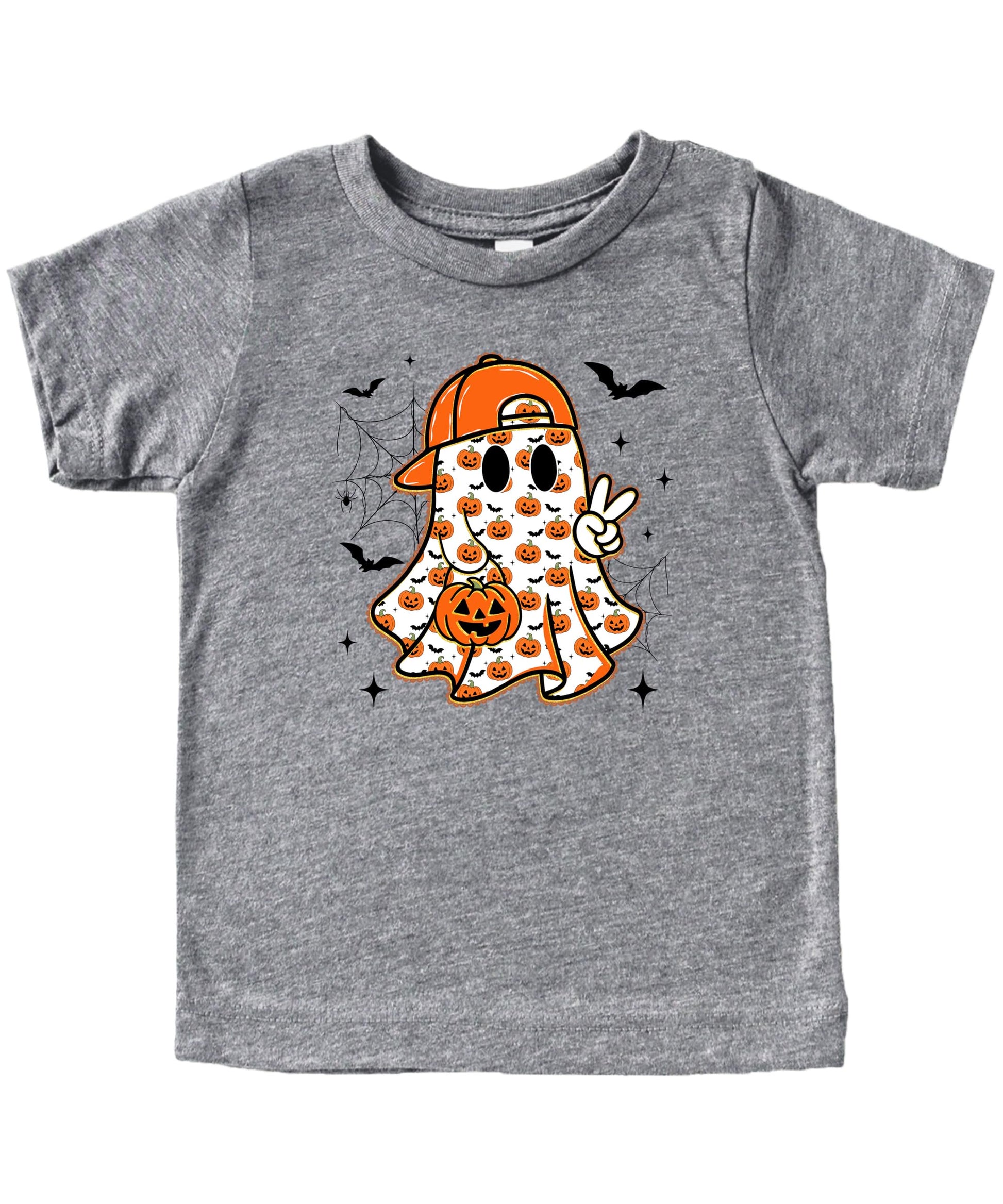 Ghost peace sign Halloween shirt for youth boys showing full design with pumpkins and spooky details