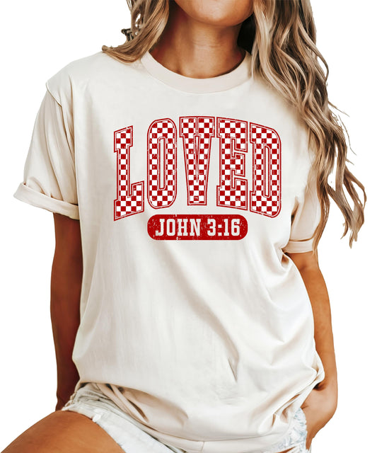 Loved John 3:16 Red Check Valentine's Day Tee for Women