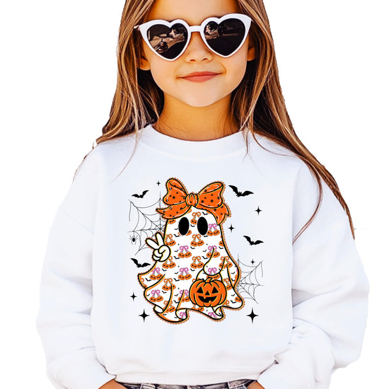 Kids gray pullover sweatshirt with cute girly ghost and orange bow Halloween graphic printed on front