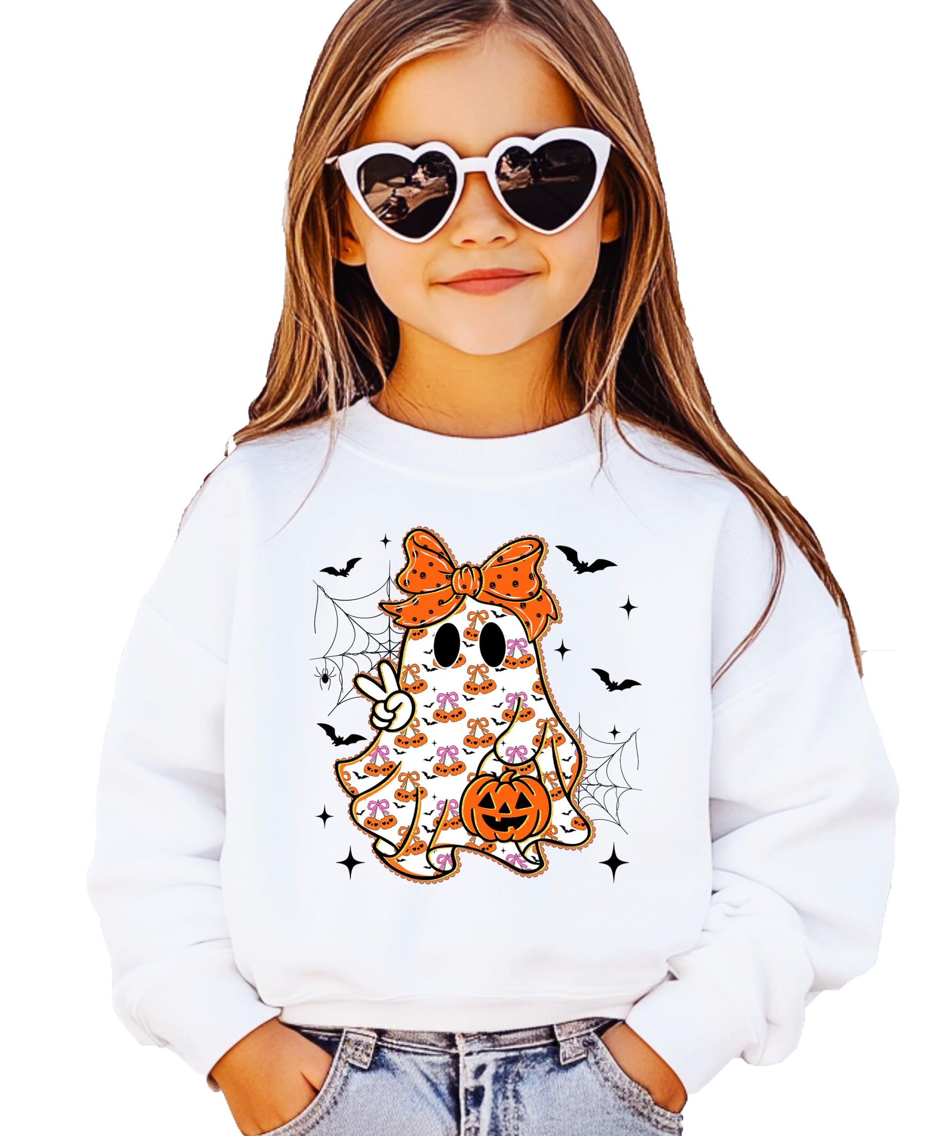 Kids gray pullover sweatshirt with cute girly ghost and orange bow Halloween graphic printed on front