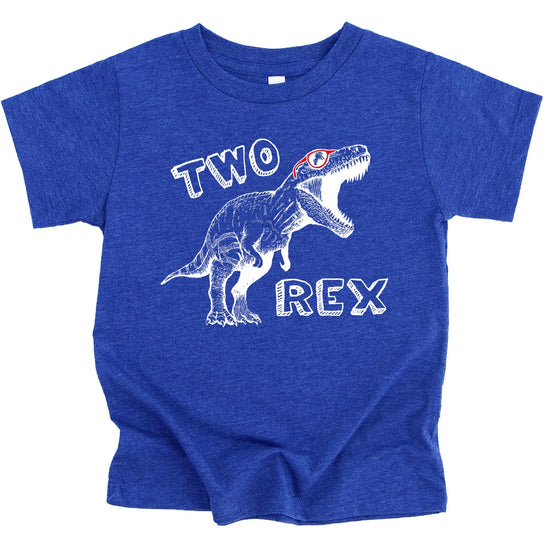 Close-up of Two-Rex T-Rex birthday graphic print on mauve kids tee