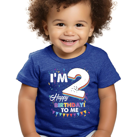 Front view of unisex toddler birthday shirt with festive confetti and banner design for 2nd birthday