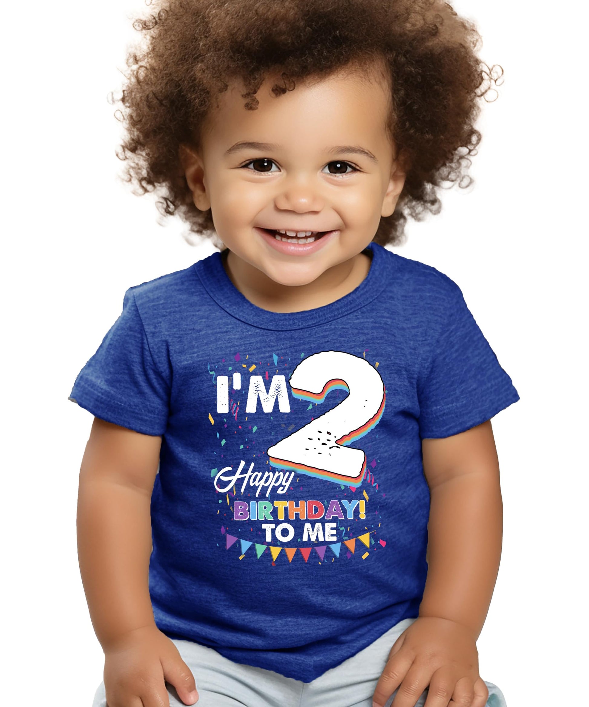 Front view of unisex toddler birthday shirt with festive confetti and banner design for 2nd birthday