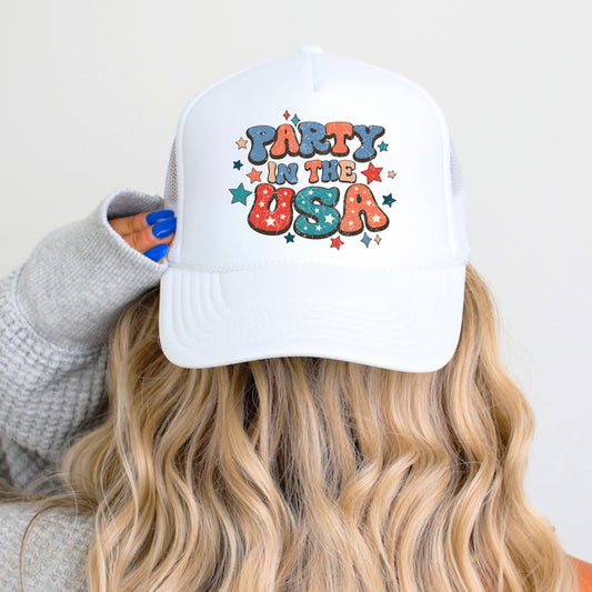 Retro Party in The USA 4th of July Classic 5 Panel Mesh Snap Back Foam Front Trucker Hat