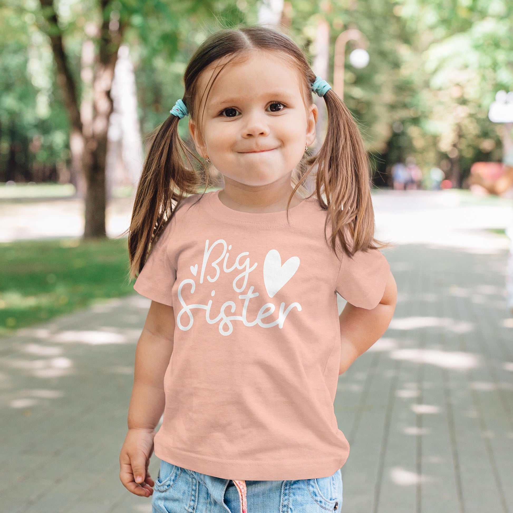Olive Loves Apple Big Sister Hearts sibling outfit tee in pink for toddler and baby girls