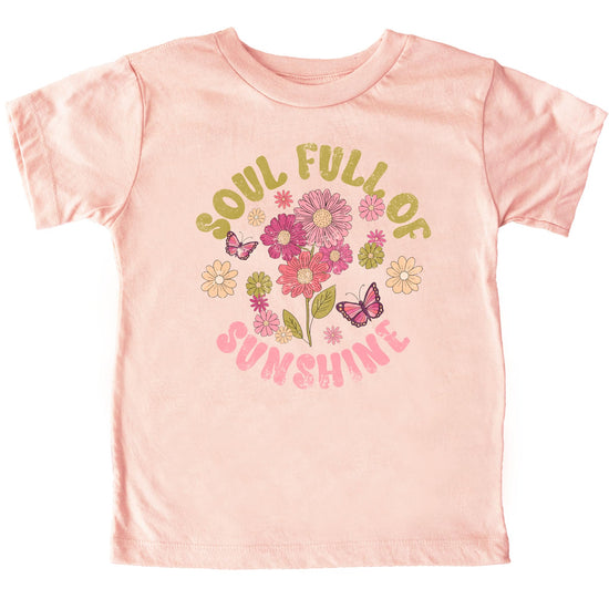 Full view of Soul Full Of Sunshine girls graphic tee with retro flower and butterfly artwork