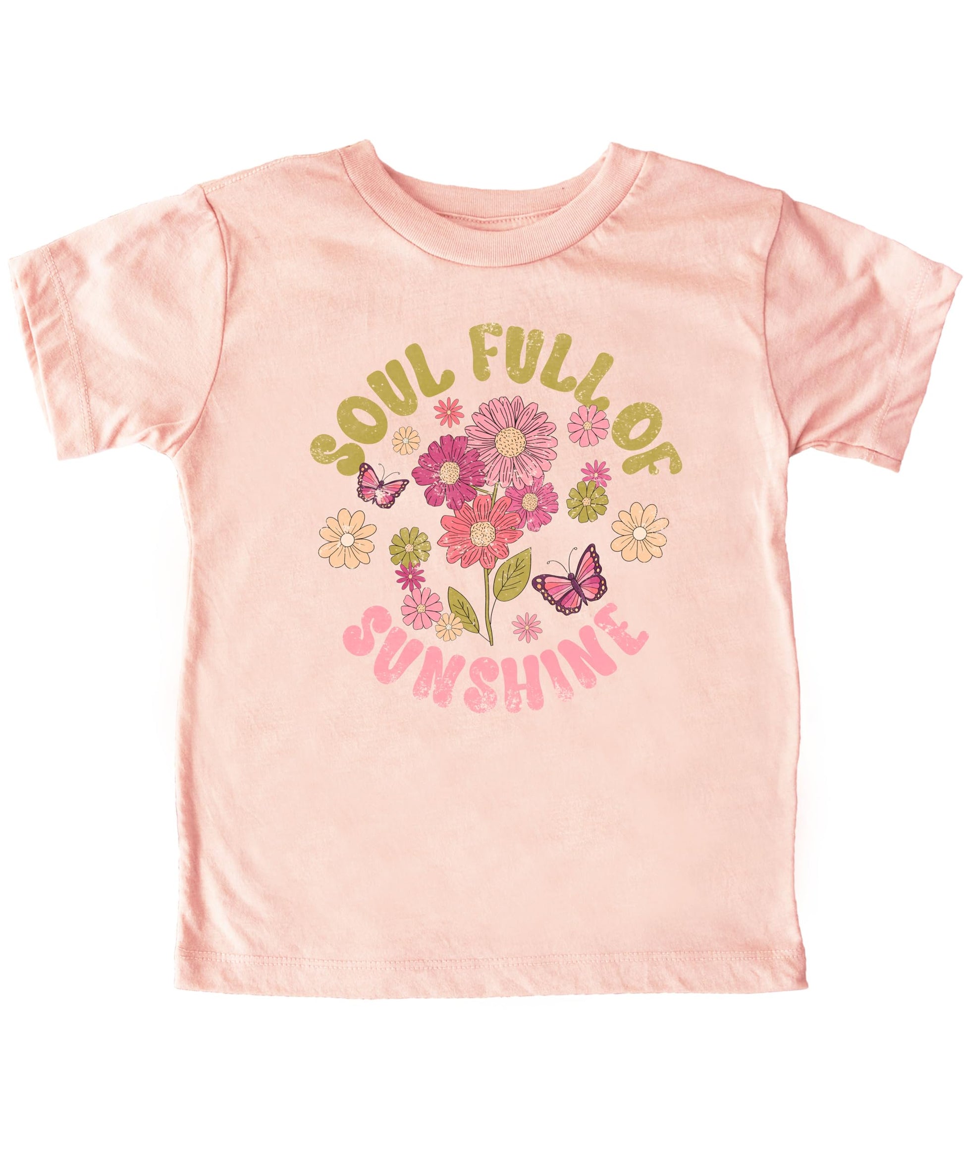 Full view of Soul Full Of Sunshine girls graphic tee with retro flower and butterfly artwork
