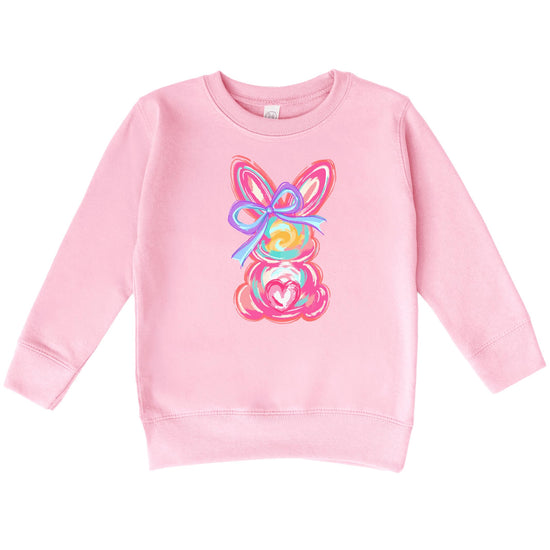 Front view of kids Easter bunny graphic sweatshirt in white with pastel springtime bunny print