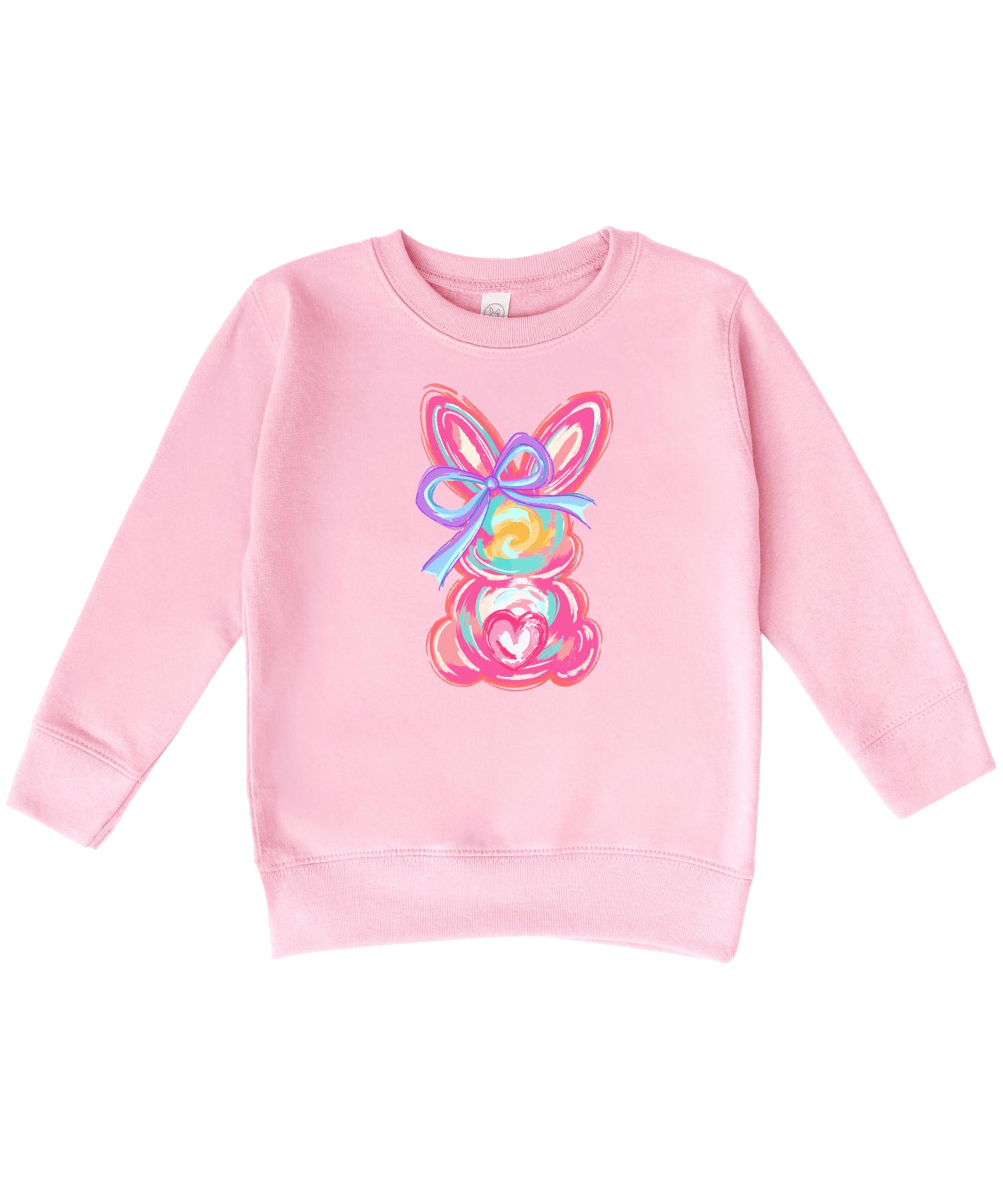 Front view of kids Easter bunny graphic sweatshirt in white with pastel springtime bunny print
