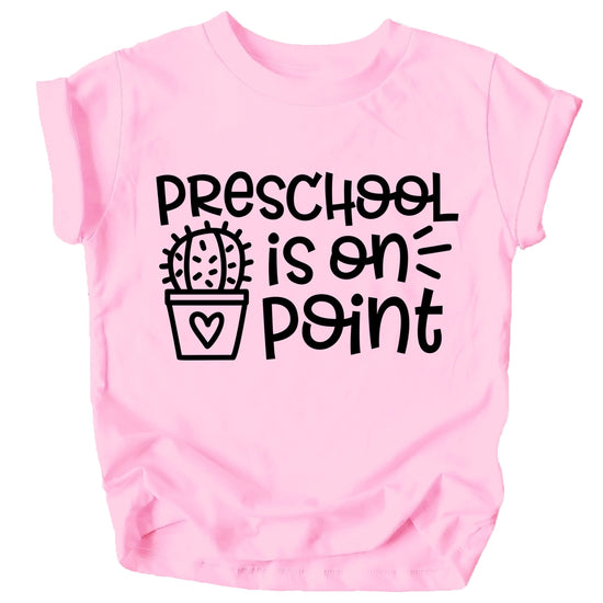 Close-up of preschool back to school shirt print in mauve on toddler tee